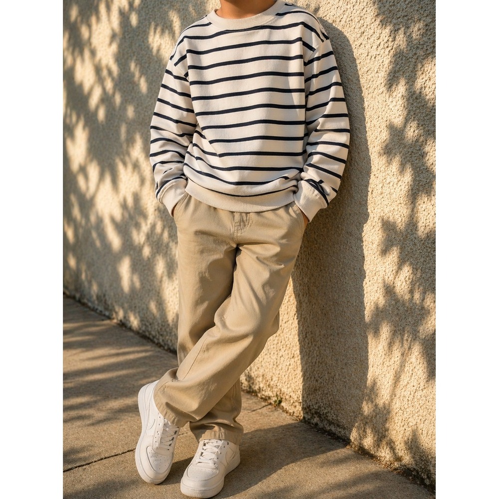 Cat & Jack Boys Striped Crewneck Sweatshirt Cream Black Long Sleeve Size S 6/7